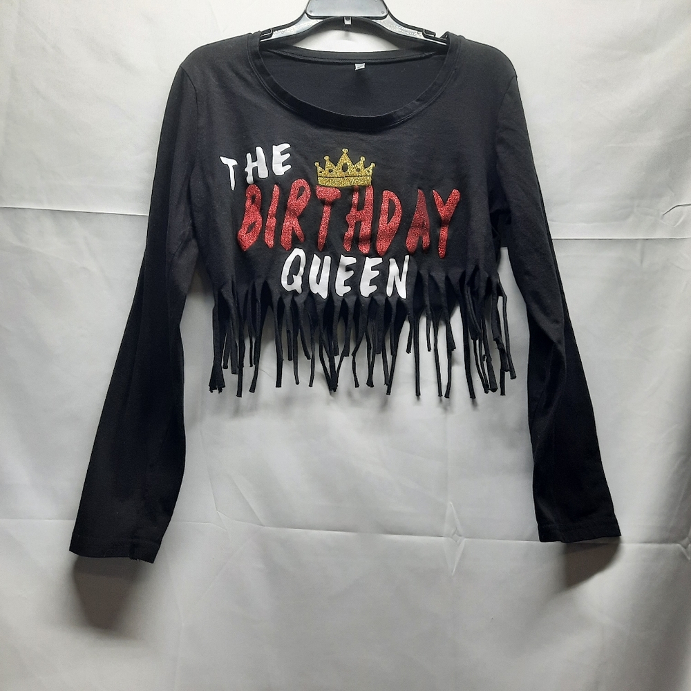 5/$30 NWOT Rosio Crop Black Long Sleeve Fringed The Birthday Queen Top Medium